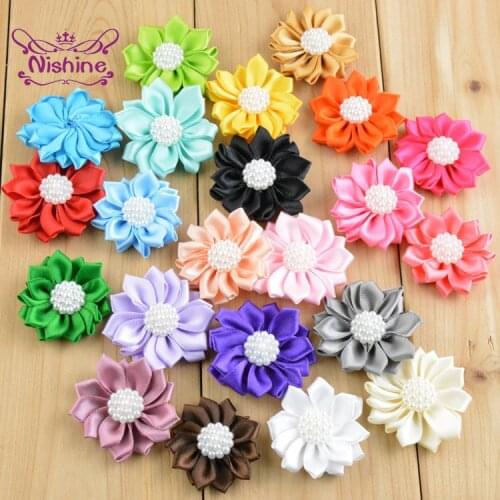 10pcs/lot Solid Color Polygonal Flowers Accessories with Circular Beads Boutique Handmade DIY Baby Girl Headwear Clothing Making