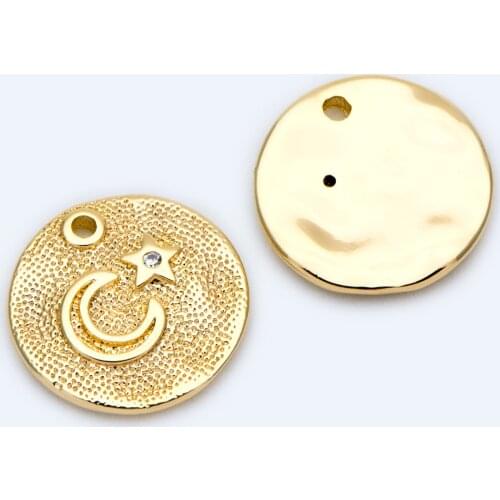 10pcs CZ Paved Gold Moon Star Coin Charm 13mm, Moon Star Necklace Charm For DIY Jewelry Making Supplies (GB-1559-1)