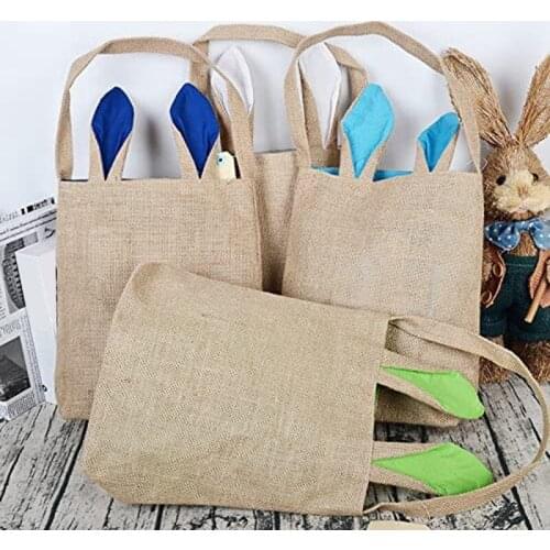 3 Pack Easter Bunny Bags Easter Bunny Baskets Jute Single Shoulder Burlap Bunny Ear Tote Bags for Kids Children Gifts