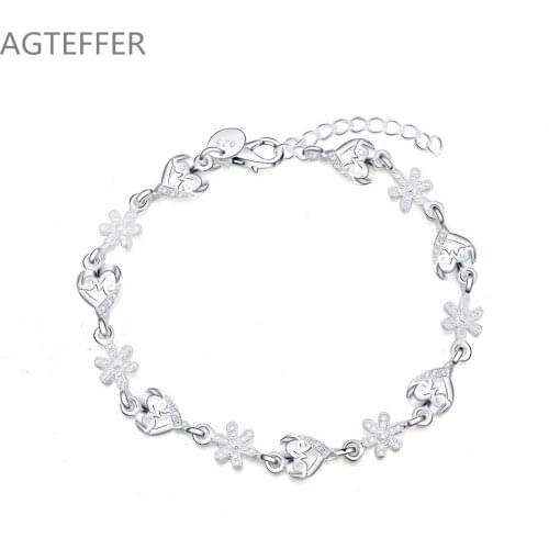 AGTEFFER 925 Sterling Silver AAA Zircon Full Heart Flower Bracelet For Women Wedding Engagement Party Fashion Jewelry