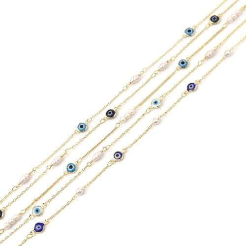 1 Meter Fashion Evil Eye Series Link Chains For Jewelry Making Copper Religious Imitation Pearl Link Curb Chain Findings 12x7mm