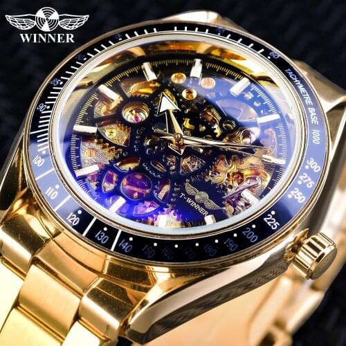Winner Watches Classic Black Golden Mens Mechanical Automatic Wristwatches Top Brand Luxury Transparent Watch Bracelet Clasp