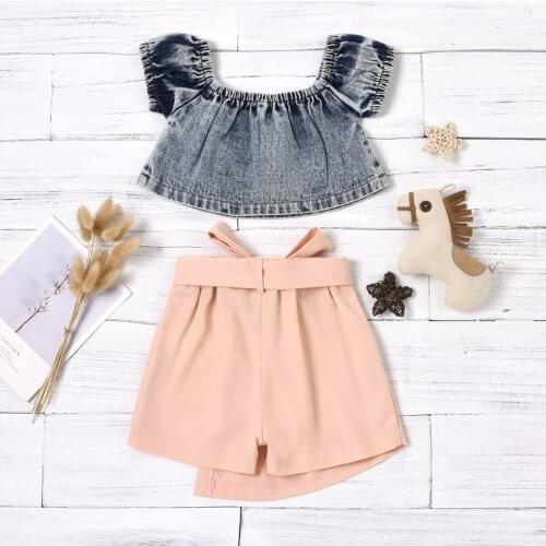 Pudcoco Kids Two Piece Denim Suit, Short Sleeves Round Neck Tops Bowknot Irregular Patchwork Skirt Like Shorts 2021