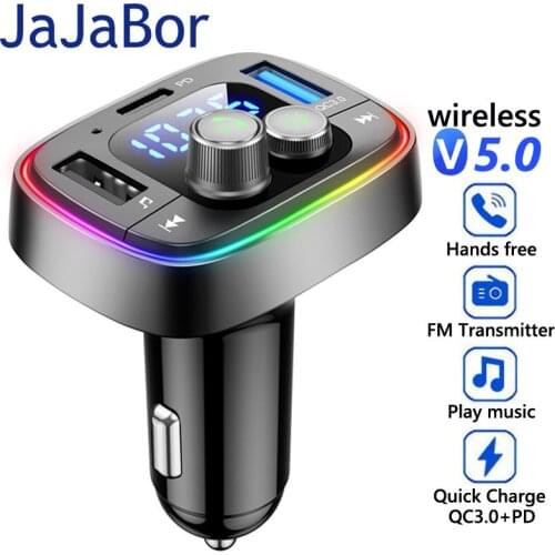 JaJaBor FM Transmitter Voltage Detection PD18W Type C QC3.0 USB Charger Handsfree Bluetooth-compatible Car Kit Car Accessories