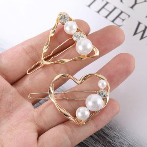 Korea Hollow Heart Star Hair Clips Women Hair Accessories Imitation Pearl Crystal Gold Color Triangle Circle Hairpins Hairgrip