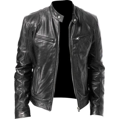 Jacket Chic Men Autumn Long Sleeve Stand Collar Faux Leather Zipper Motorcycle Jacket