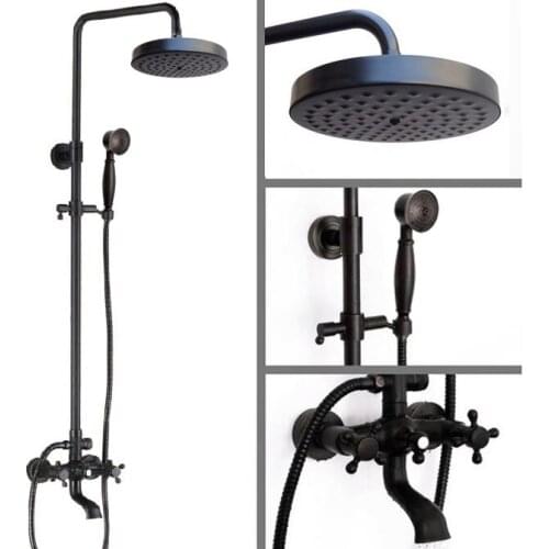 Black Oil Rubbed Brass Dual Cross Handles Bathroom 8 Inch Round Rain Shower Faucet Set Bath Tub Mixer Tap Hand Shower mrs383