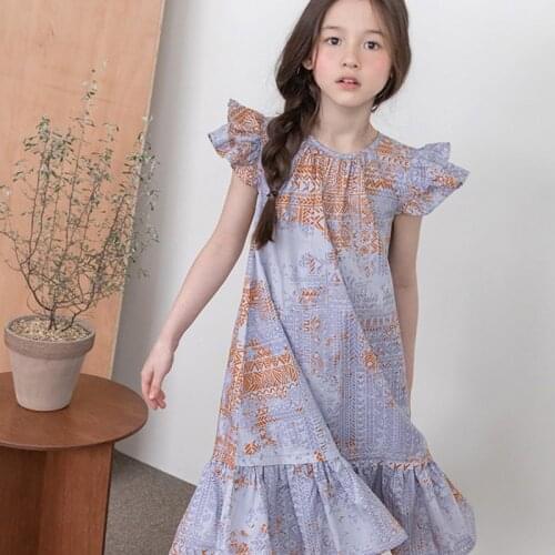 Girls' Summer Retro French Dress Fairy Style Light Purple Cotton Medium Length Ruffle Hem Print Beach Dress Childrens 2021 New