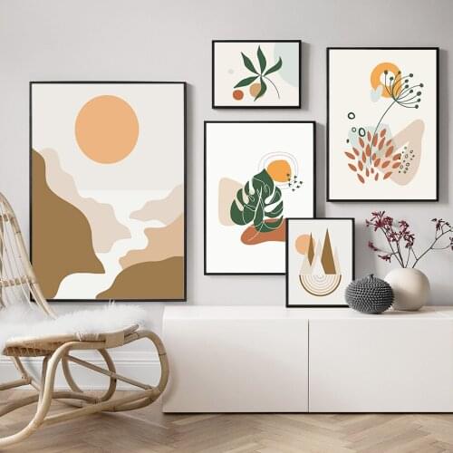Vintage Sun Mountain Leaf Line Wall Art Canvas Painting Nordic Posters And Prints Wall Pictures For Living Room Boho Decor Mural