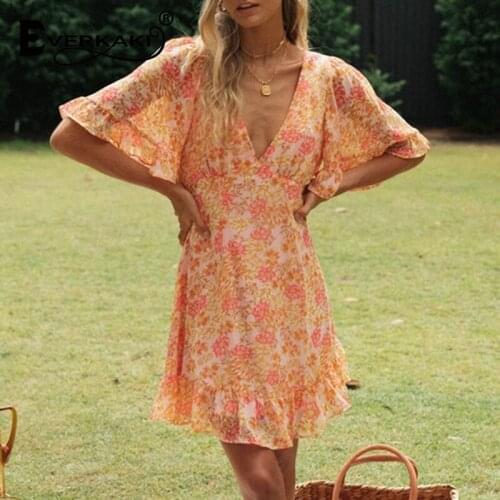 Everkaki Floral Print Dress Women Ruffles Elegant Ladies Boho Oversized Mini Plus Dresses Chic Summer Beach Vestidos Female 2021