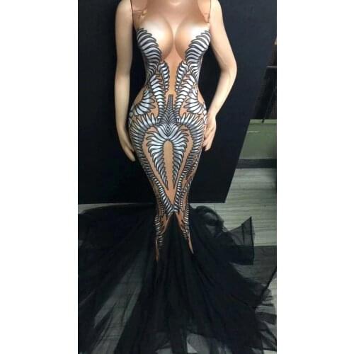 Nightclub Party Singer Costume Dresses Black Mesh Trains Long Dress Birthday Celebrate Outfit Performance Stretch Dance Dress
