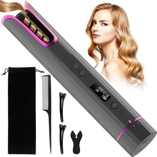 Portable Multifunctional Automatic Wireless Hair Curler Travel Curling Iron USB Rechargeable for Curls Waves LCD Display