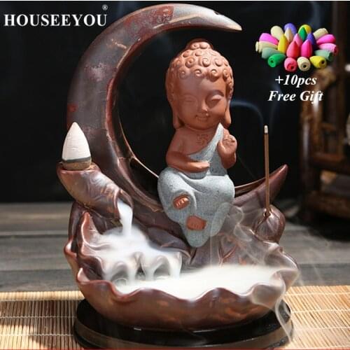 Backflow Incense Burner +10Pcs Incense Cones Ceramic Moon Lotus Base Buddha Aroma Incense Stick Holder Monk Buddhist Joss Censer