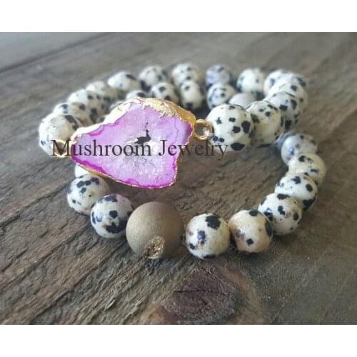 Boho Dalmatian Jaspers Stretch Bracelet Agates Slice Big Stone Jaspers Stack Bracelet 2PCS in One Set