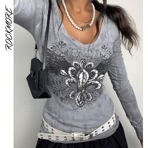 Rockmore Graphics Print Tee Shirt Autumn Casual Vintage Long Sleeve Top Women Streetwear Basic T-shirt 90s Grunge Clothes