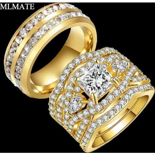 Luxury Fashion His and Hers Couple Rings Mens Stainless Steel Womens Infinity Princess Eternity Wedding Band Ring Set