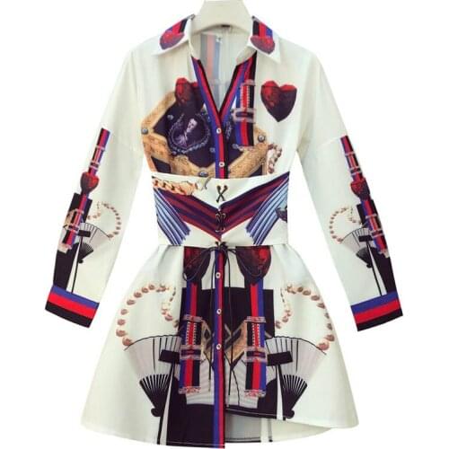 PERHAPS U Print Chiffon Turn Down Collar Long Sleeve Full Sleeve Short Mini Dress Lace Up D0992