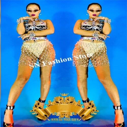 K53 Ballrom dance costumes singer performance wears sexy bodysuit Chain Rhinestone bikini outfit dj dress silver mirror clothe