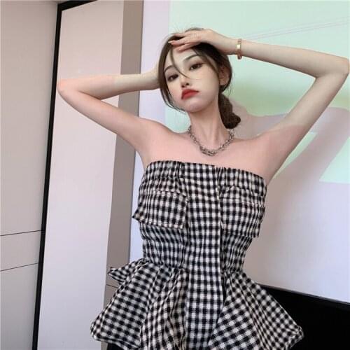 Black And White Plaid Summer Womens Tops Ruffle Slim Waist Wrapped Chest Vintage Camis Sexy Sleeveless Short Top haut femme
