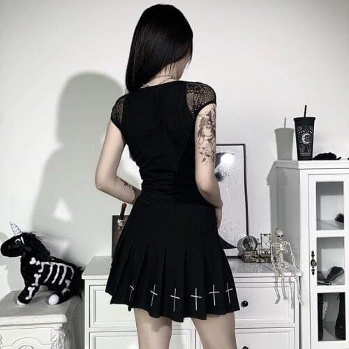 Vintage Tops Goth T-shirt Women Bodycon Bandage Lace Black T-shirts Gothic Streetwear Sexy Female Top Casual Mesh Tee VD1649