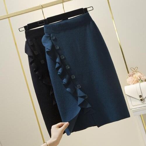 Ruffled Single Breasted Women Knitted Skirt High Waist Long A Line Skirts Autumn Winter Thick Warm Sweater Midi Skirt Y299