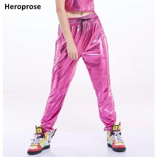 Heroprose New Fashion mid waist dance stage performance wide leg loose long bloomers Pink trousers women hip hop harem pants