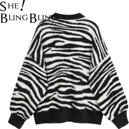 SheBlingBling Za Woman 2021 Sweaters Traf Knit Cardigans V Loose Vintage Zebra Print Jumpers Long Sleeve Elegant Female Coats