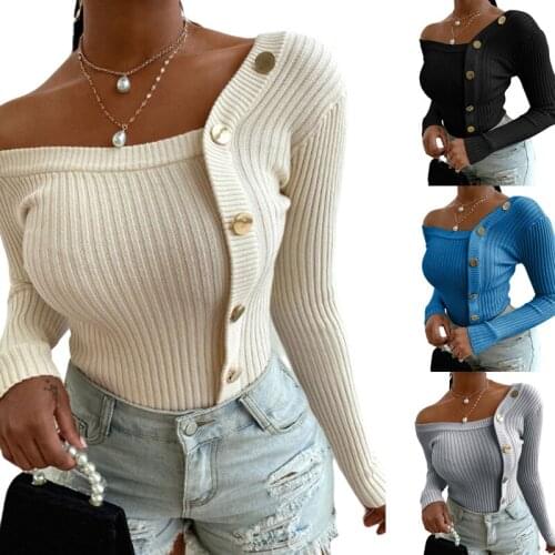 2020 Woman Sweaters Fashionable Sexy Female Knitted Top Solid Color Long Sleeve Strapless Button Ladies New Trend Clothing