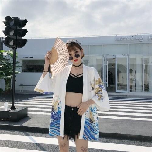 Kimono Traditional Japanese Yukata Women Printing Cardigan Beach Kimonos Japan Haori Geisha Shirt Female Cosplay Blouse DCC047