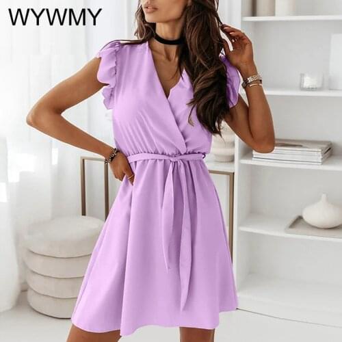 WYWMY Sexy Summer Dress Women Simple V-neck Solid Ruffle Sleeve Mini Dress Elegant Fashion Casual Sleeveless Party Dress Vestido
