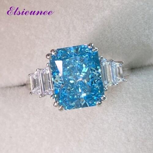ELSIEUNEE 100% Original 925 Sterling Silver Ice Cut Simulated Moissanite Aquamarine Ring Engagement Wedding Band Rings For Women
