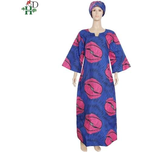 H&D Ankara Wax Women Dresses Bazin Riche Dashiki Long Dress Ladies African Print Flower Dress Scarf Suit 2020 boubou woman S3002