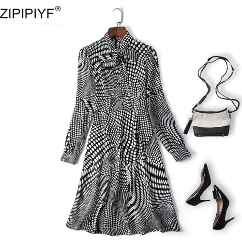 Women Dress Casual a-line Dot Full Lantern Sleeves Vestidos Print Bow Neck Spring Dresses Elegant Slim Vestido Dress H611