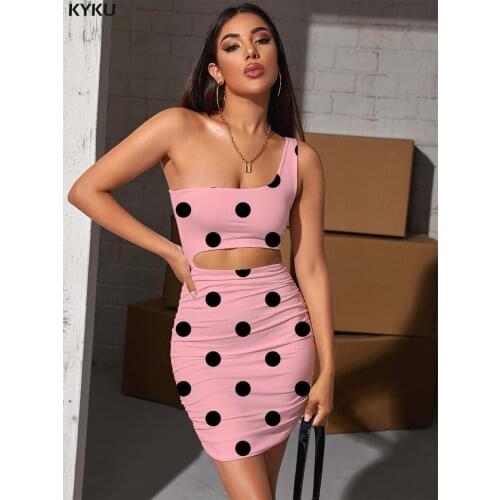 KYKU Colorful Dresses Women Dots Vestido Sexy Pink Halter Sleeveless Harajuku Hollow out Dresses Womens Clothing Mini Evening