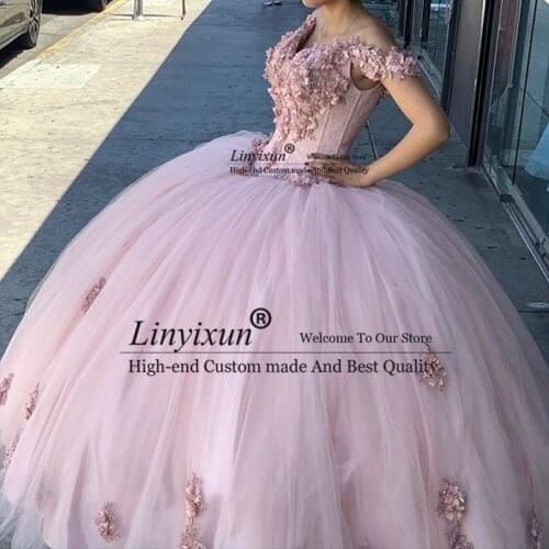 Off the Shoulder Pink Quinceanera Dress Ball Gown 2021 Lace Appliques Flowers Beaded Long Formal Party Gowns
