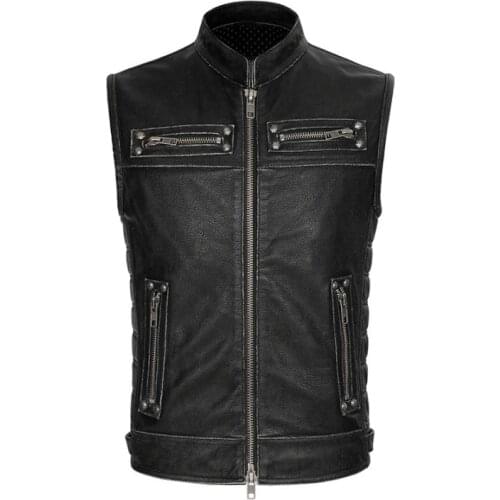 Mens Real Stand Collar Motorcycle Biker Waistcoat Vest Genuine Leather Cowhide Vintage Zipper Pockets Sleeveless Jackets