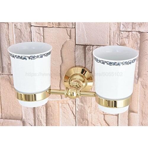 Golden Brass Wall Mounted Double Toothbrush Holders With 2 Creamic Cups Tooth Cup Holders For Bathroom Accessories zba316