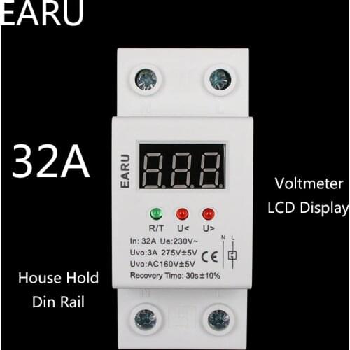 1 pc 32A 220V Self Recovery Automatic Reconnect Over & Under Voltage Protector Lightening Protection Relay LCD Voltmeter Monitor