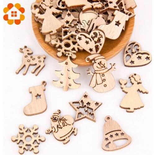 50pcs Multi Styles Creative Wood Chips Pendants Christmas Series Decorations Heart Star XMAS Tree Ornaments Wooden Crafts Decor
