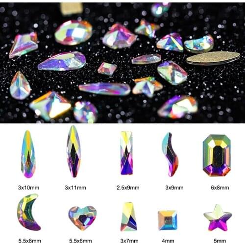 50Pcs White AB Nail Art Rhinestones Mixed Shape Flat Back Pointed Bottom Crystal Glass Stone 3D Fingernail DIY Decoration