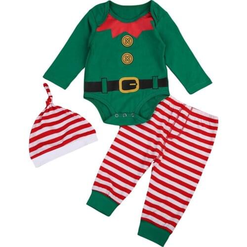 Christmas Newborn Kids Baby Boys Girls Bodysuit+ Pants+ Hat 3pcs Outfits Set Clothes Size 0-24M