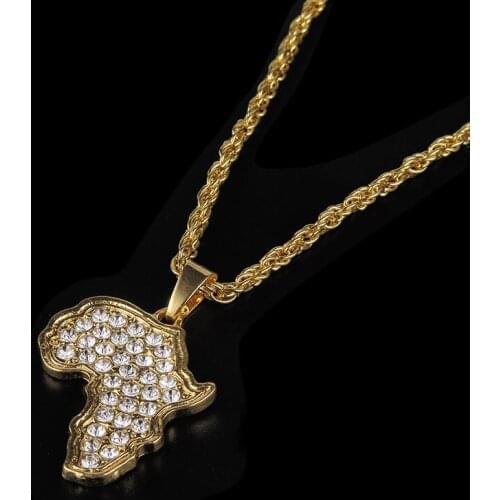 Trendy Women Men Africa Map Pendant Necklaces Hip Hop Jewelry Punk Style Fashion Rhinestone Crystal Long Chain Gold Necklace