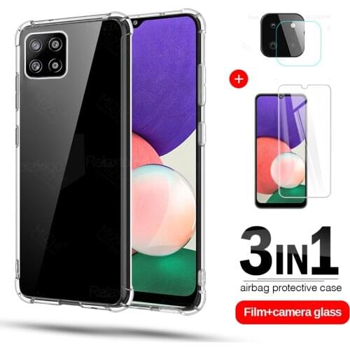 For samsung a22 case 3in1 lens protective glass for samsung galaxy a22 a 22 22a 5G transparent silicone phone cover coque