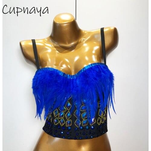 Cupnaya Women Sexy Blue Feathers Rhinstones Diamante Decor Crop Top Sparkle Club Dance Spaghetti Strap Corset Camisoles Black