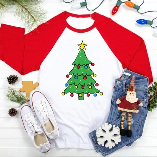 Christmas Tree Printing Cute T Shirt Woman Clothes Tops Aesthetic Harajuku Tee Women Long Sleeve Oversized Raglan TShirt