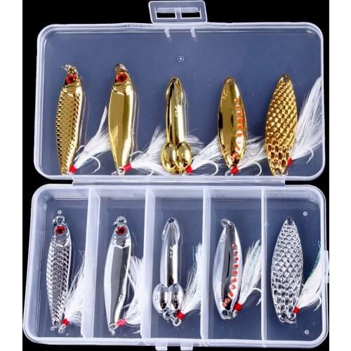 HENGJIA 10pcs 10g 15g 20g Spinnerbait Spoon Bait Bass Pike Trout Fishing Lure with Feather Hook Boxed Wobbler, Gold / Silver