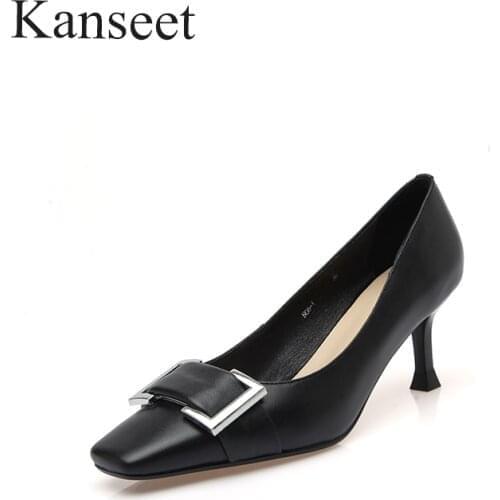 Kanseet 2021 New Women Pumps Spring Autumn Genuine Leather Fashion Handmade Square Toes Metal Buckle Popular High Heels