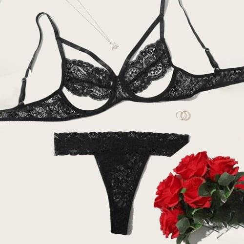 4XL Plus Size Lingerie Set Women Black Lace Lingerie Bra+Thong Underwear Set Temptation Bra Brief Sets ropa interior femenina