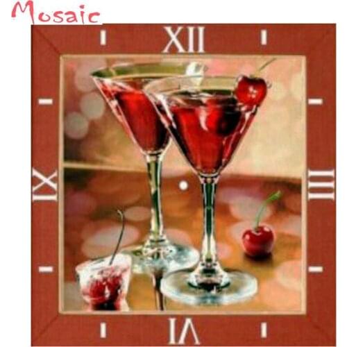 Full square/round Diamond Embroidery Wine Glass Wall Clock Full Diamonds Cross Stitch Sewing Thread Handmade Sewing Decorations