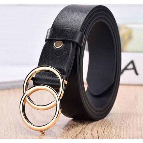 Fashion Womens Belt Casual Leather Waist Belt Double Ring Circle Buckle Adjustable Waist Strap For Lady Dresses Jeans Accessory
